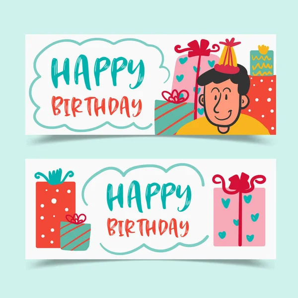 Tarjeta Felicitación Cumpleaños Decorada Con Niño Caja Regalo — Archivo Imágenes Vectoriales