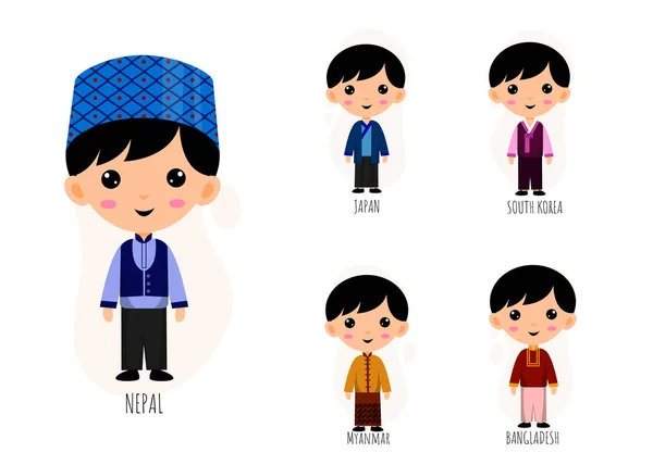 Conjunto Personas Personajes Dibujos Animados Ropa Tradicional Asiática Concepto Colección — Vector de stock