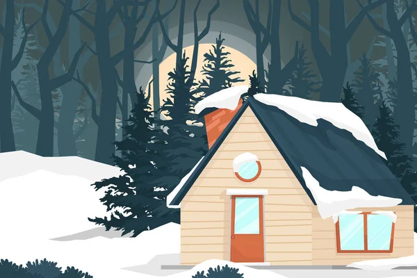 Дом Лесу Природы Ночной Пейзаж Зимней Векторной Иллюстрации — стоковый вектор