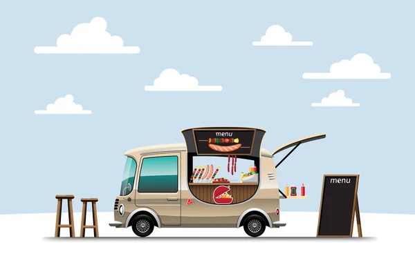 Camion Alimentaire Sur Côté Avec Menu Barbecue Chaise Bois Bannière — Image vectorielle