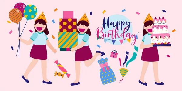 Cartoon birthday party people. Woman has birthday party at home. Birthday party decoration with balloon and shoot colorful confetti. Party has food, drink and cake. Celebration Cartoon vector illustration in flat style