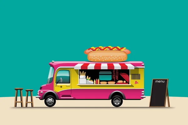 Caminhão Comida Vista Lateral Com Hotdog Menu Cadeira Madeira Hotdoc — Vetor de Stock