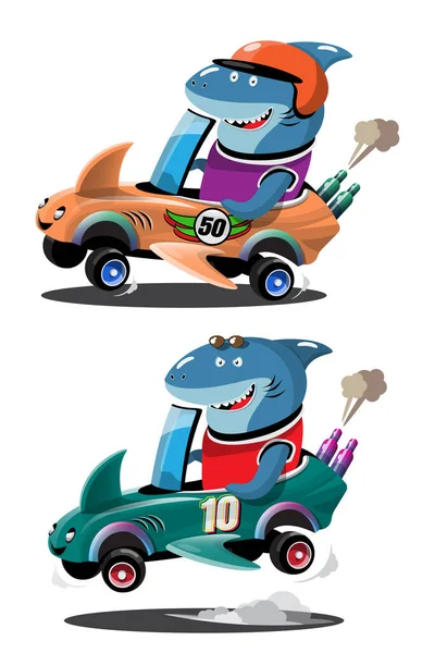 在赛车赛中 鲨鱼车手在赛车赛中使用高速车取胜 电子竞技赛车的概念 3D风格设计中的矢量插图 — 图库矢量图片