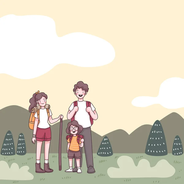 他们有许多可爱的家庭 有父亲 母亲和可爱的女孩 他们有背包 卡通人物 平面的插画 可以在大自然中徒步旅行 — 图库矢量图片