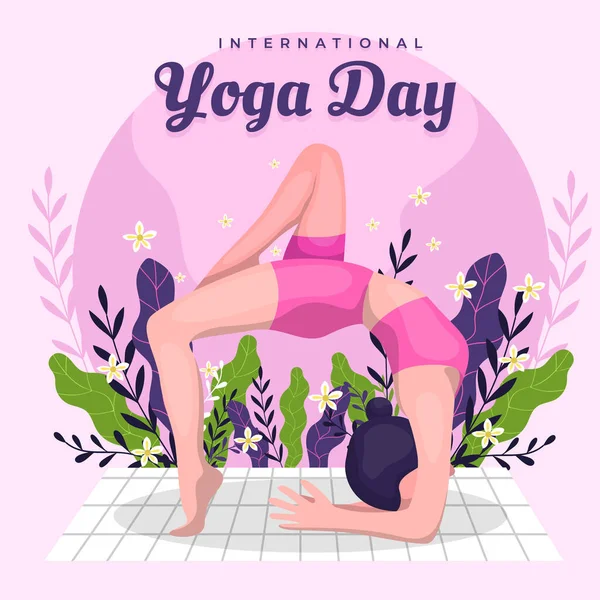 Uluslararası Yoga Günü Bir Kadın Evindeki Gölgeli Ağaç Evde Yoga — Stok Vektör