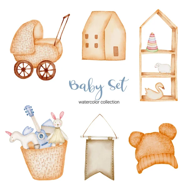 Parçaları ayırın ve güzel kıyafetleri, bebek eşyalarını ve oyuncakları beyaz arkaplanda sulu renk tarzında, suluboya vektör çiziminde bir araya getirin.