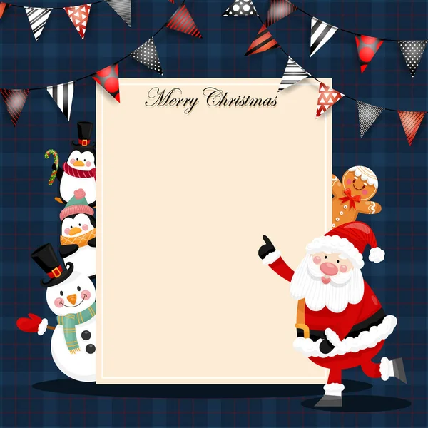 Joyeux Noël Carte Avec Père Noël Bonhomme Neige Boîte Cadeau — Image vectorielle