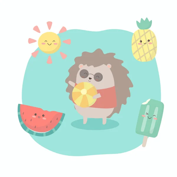 Dwarf Hedgehog Hold Beach Frisbee Hand Watermelon Ice Cream Pineapple — Stock Vector