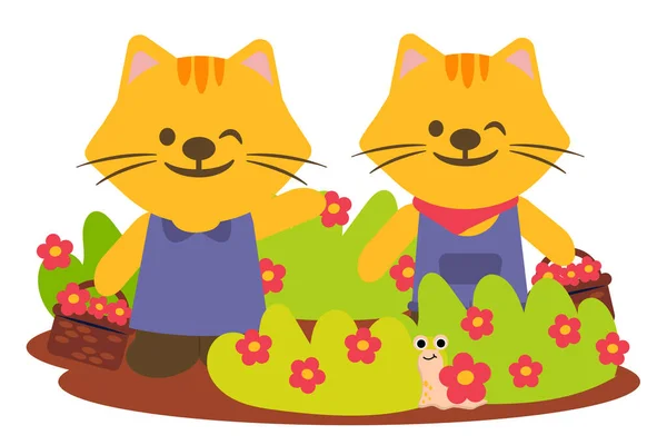 Lovely Tiger Couple Happily Admire Flowers Garden Animal Cartoon Character — Stock Vector