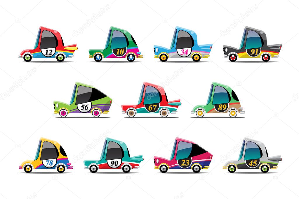 Bundle Set of mini racing car in cartoon design, difference colors on white background, isolated vector illustration