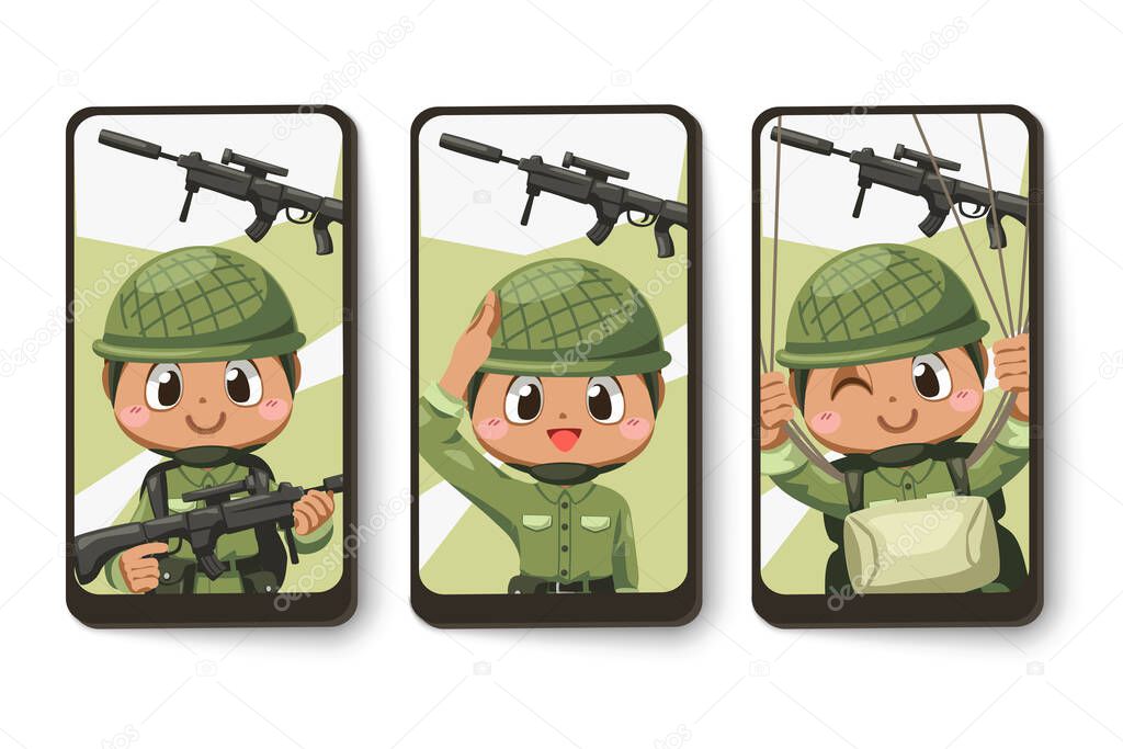 Set card of Army soldiers man in green uniform with difference action  in cartoon character, isolated flat vector illustration