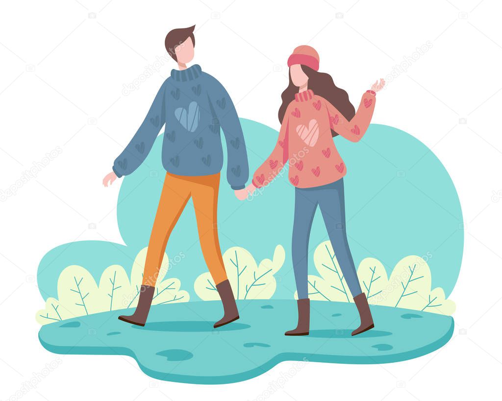 A young woman and a boyfriend go on a relaxing winter trip. They wear sweaters to warm their bodies up. vector illustration flat design