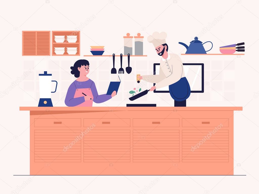 The restaurant has skilled chefs and the business grows. There are many regular customers coming for dinner. vector illustration flat design