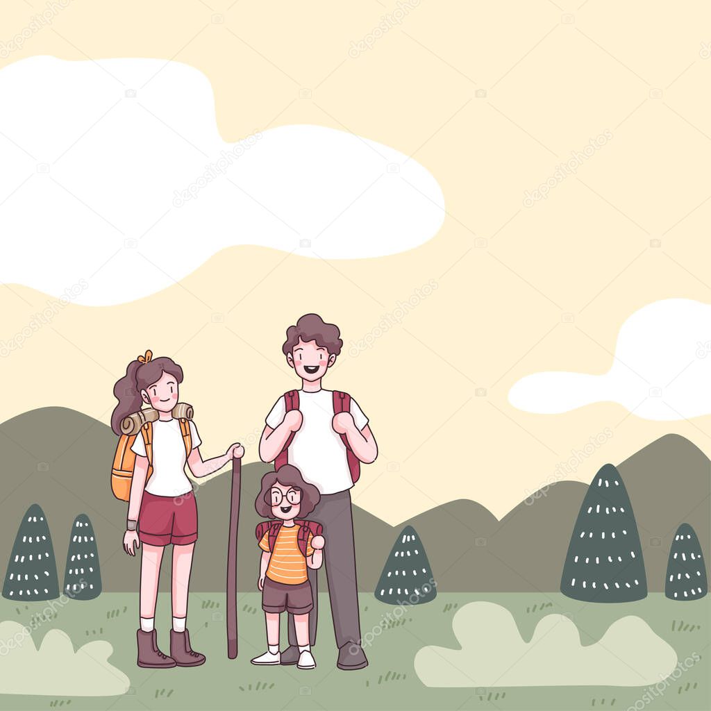 Lovely family with father, mother and cute girl, they has backpack to hiking in nature on summer holidays, cartoon character, flat vecter illustration