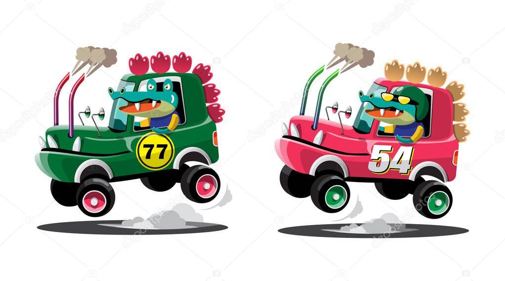 In speed racing game competition crocodile driver player used high speed car for win in racing game. Competition e-sport car racing concept. Vector illustration in 3d style design