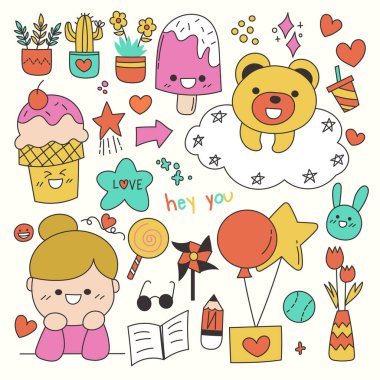 El çizimi karakterler, hayvanlar ve vektör elementleri açık beyaz arka planda. Vektör illüstrasyonu.