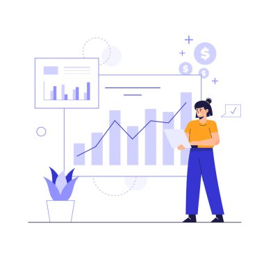 Ofis içi iş yerinde çalışan büyük izole bir çalışan. Düz vektör çizimi, başarıya tezahürat, yeni düşünme, problem çözme, iş teması.