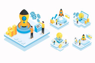 İzometik adam dizüstü bilgisayarla karikatür, düz vektör illüstrasyonu tasarlamaya çalışıyor.