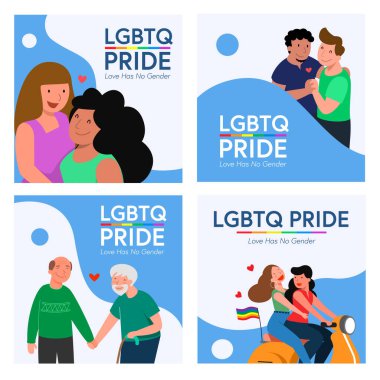 Dört set LGBT gey çift ve scooter süren lezbiyen çift ve daha fazlası. Düz biçimli vektör illüstrasyonu.