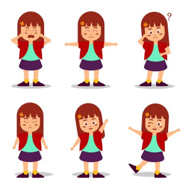 Beyaz arkaplanda duygu çizgi film karakter koleksiyonuna sahip bir kadın seti, izole edilmiş vektör çizimi