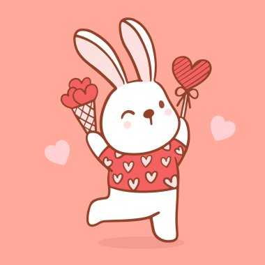 Büyük, izole edilmiş el çizimi çizgi film karakteri tasarım tavşan aşık, karalama tarzı sevgililer günü konsepti hayvan düz vektör çizimi