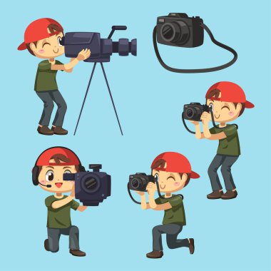 Bir grup fotoğrafçı ve videocu haberleri çizgi film karakteri ile bildiriyor, fark eylemi izole edilmiş düz vektör illüstrasyonu