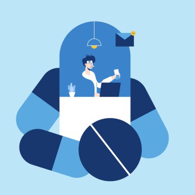 Laboratuvar web şablonu, cep telefonu, iniş sayfası, şablon, UI, web, mobil uygulama, poster, afiş, düz vektör resimleme için karikatür tarzı ekran şablonu üzerinde çalışan doktor