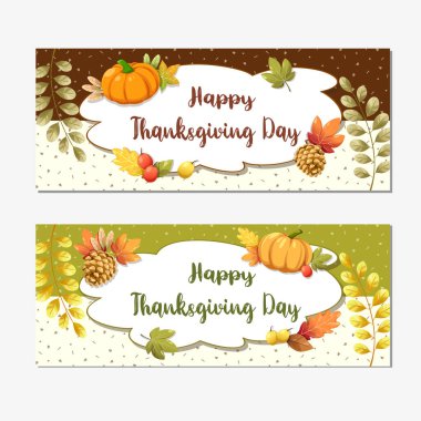 Mutlu Şükran Günü kartları ya da ceviz, balkabağı ve akçaağaç yapraklı el ilanları.