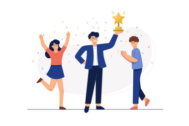 Genç adam ve kadın, iş ekibi birlikte başarıyı kutluyor, Vektör illüstrasyonu.