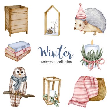 Kitap, kirpi, baykuş, sepet ve mum içeren kış suluboya koleksiyonu