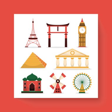 Asya 'nın tarihi şehir binaları ve yapılarının çizimleri, kültürel turistik geziler, düz vektör çizimleri 