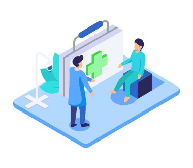 Genç adam, Isometric vektör illüstrasyonunun dizaynı, tıbbi ve sağlıklı bir konseptte bir hastalığı tedavi etmek için bir doktora görünmüştü.