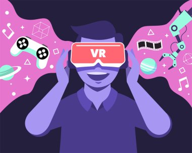 Artırılmış gerçeklik teknolojisi kullanan bir adam. Sanal gerçeklik kulaklığı kullanılıyor. Vr Goggles Modern Teknoloji Giyen Adam. Evde sanal gerçeklik kulaklığıyla online oyun oynamaktan zevk alıyor.