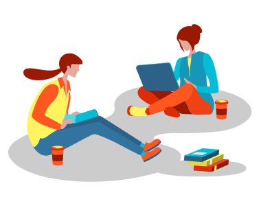 Büyük, izole edilmiş, mutlu, genç bir kadın dizüstü bilgisayarda çalışıyor, sağlıklı, düz vektör çizimi.