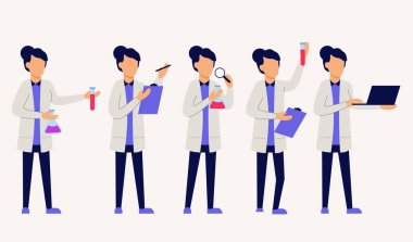 Çizgi film karakteri ve izole edilmiş düz vektör illüstrasyonunda farklı jestleri olan üniformalı tıbbi şahsiyet.