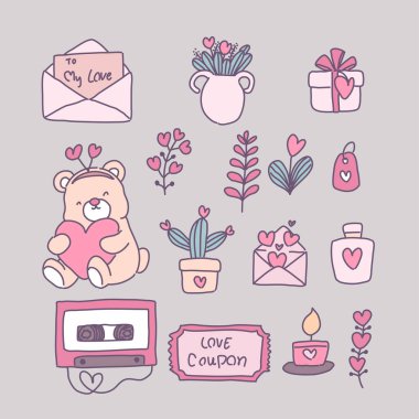 Sevgililer Günü davetiye kartları ve sayfa dekorasyonu için Düz Vektör illüstrasyonu, Sevgililer Günü konseptinde belirlenmiş büyük izole edilmiş aşk unsurları koleksiyonu