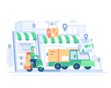 Büyük izole edilmiş teslimat aracı vektörü, kamyon, motosiklet, insansız hava aracı lojistik taşımacılık konsepti.