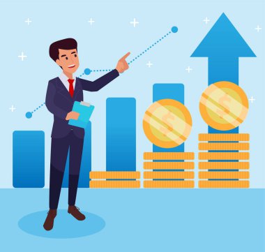 Zeminde duran iş adamı şemaya ve şeffaf bir arkaplanda sunuma işaret ediyor.