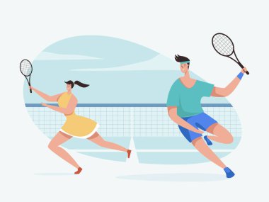 Profesyonel tenisçi tenis turnuvasında şut atıyor. Yarışma için tenis oyuncusu antrenmanı. Spor Sporcuları vektör illüstrasyonu