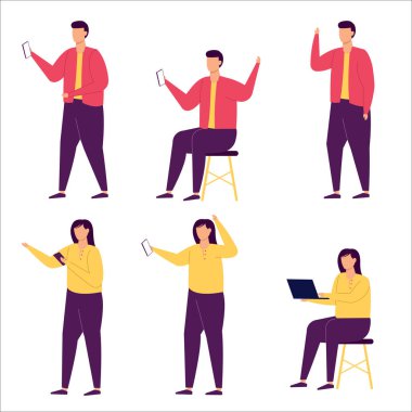 Bir grup iş adamı, karikatür karakter koleksiyonunda, izole edilmiş vektör illüstrasyonunda evden çalışır.