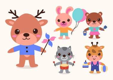 Bir demet sevimli hayvan çizgi film karakteri maskotu koleksiyonu, beyaz arka plandaki izole edilmiş hayvan çocuk konsepti, düz renkli vektör çizimi 