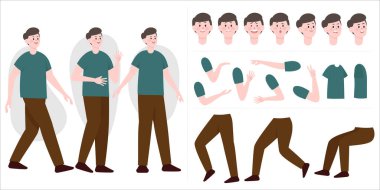 Düz stil içinde yakışıklı bir inşaatçı. Vücut parçaları bacaklar ve kollar, yüz duyguları, saç kesimleri ve el hareketleri. Vektör çizgi film Man karakteri