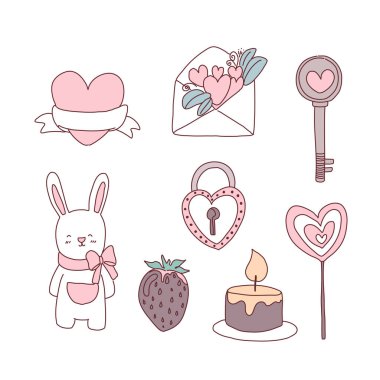 Sevgililer Günü davetiye kartları ve sayfa dekorasyonu için Düz Vektör illüstrasyonu, Sevgililer Günü konseptinde belirlenmiş büyük izole edilmiş aşk unsurları koleksiyonu