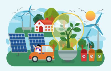 Yenilenebilir enerji kullanan çocuklar Dünya Günü vektörü