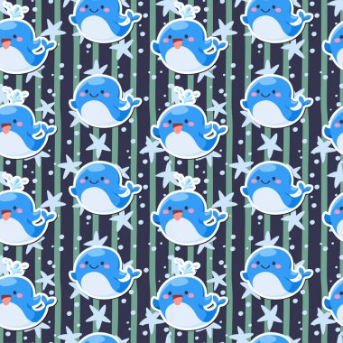 Sevimli çizgi film karakteri içinde kusursuz mavi balina, izole edilmiş komik evcil hayvan arka plan koleksiyonu çocuk konsepti, düz renkli vektör çizimi