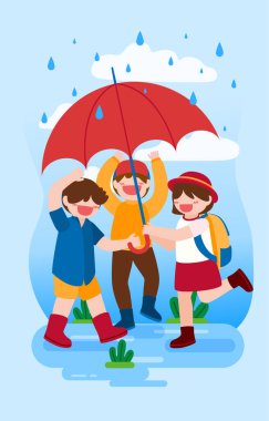 Evde yağmurda oynayan sevimli çocukların karikatür karakter çizimi, düz çizim. 