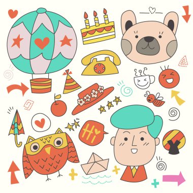 El çizimi karakterler, hayvanlar ve vektör elementleri açık beyaz arka planda. Vektör illüstrasyonu.