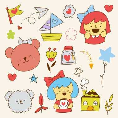 Çocuk konseptinde dekorasyon için çizilmiş büyük, izole el çizimi seti, renkli düz vektör çizimi