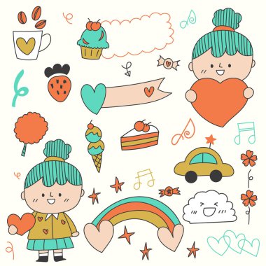 Çocuk konseptinde dekorasyon için çizilmiş büyük, izole el çizimi seti, renkli düz vektör çizimi