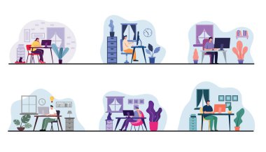 Bir grup genç işçi ofiste çalışmak veya evde çizgi film karakteri, düz vektör illüstrasyonunda çalışmak için bilgisayar masaüstü veya dizüstü bilgisayar kullanırlar